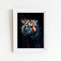 Warren Reed - Designer Tiger Face Splashart Dark Background Framed Art Print in White | Size: W8 x H10