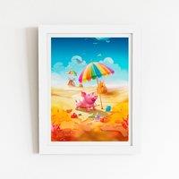 Warren Reed - Designer Pig On A Beach Holiday Framed Art Print in White | Size: W8 x H10