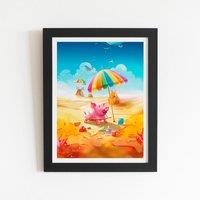 Warren Reed - Designer Pig On A Beach Holiday Framed Art Print in Black | Size: W8 x H10