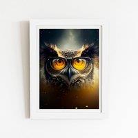 Warren Reed - Designer Owl With Glasses Splashart Framed Art Print in White | Size: W8 x H10