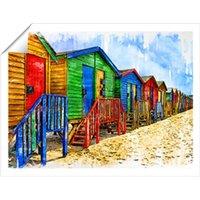 Warren Reed - Designer Colourful Beach Cottages Sketch Unframed Art Print | Size: W16 x H24