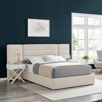 Modish Furnishing Amara Biege Wide Panel Fabric Headboard Ottoman Storage Bed King Size in Beige