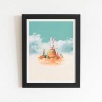 Warren Reed - Designer White Rabbit On A Beach Holiday Framed Art Print in Black | Size: W8 x H10