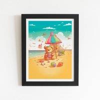 Warren Reed - Designer Lucky Teddy Bear On A Beach Holiday Framed Art Print in Black | Size: W20 x H30