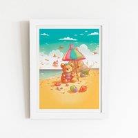 Warren Reed - Designer Lucky Teddy Bear On A Beach Holiday Framed Art Print in White | Size: W16 x H24
