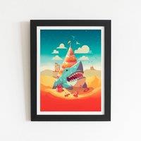 Warren Reed - Designer Shark On A Beach Holiday Framed Art Print in Black | Size: W24 x H36