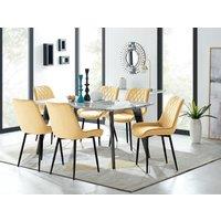 FurnitureboxUK Andria White Marble Effect & Black Leg 6 Seater Dining Table & 6 Pesaro Soft Velvet Chairs in Mustard