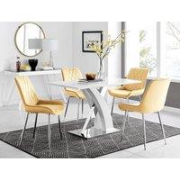 FurnitureboxUK Atlanta White High Gloss & Chrome 4 Seater Dining Table with X Shaped Legs & 4 Soft Velvet Pesaro Chairs in Mustard