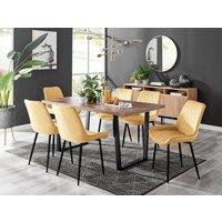 FurnitureboxUK Kylo Large Brown Wood Effect Dining Table & 6 Pesaro Velvet Black Leg Chairs in Mustard