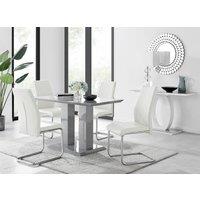 FurnitureboxUK Imperia Grey High Gloss 4 Seater Dining Table with Structural 2 Plinth Column Legs 4 Soft Faux Leather Lorenzo Chairs in White