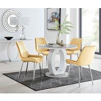 FurnitureboxUK Giovani Round 4 Seat 100cm White High Gloss Halo Base Grey Glass Top Dining Table 4 Soft Velvet Silver Leg Pesaro Chairs in Mustard