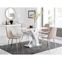 FurnitureboxUK Atlanta White High Gloss & Chrome 4 Seater Dining Table with X Shaped Legs & 4 Faux Leather Corona Chairs in Beige