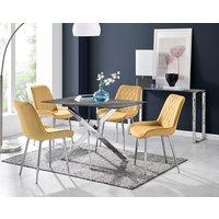 FurnitureboxUK Leonardo Grey Glass Marble Effect Silver Leg Table & 4 Pesaro Silver Chairs in Mustard