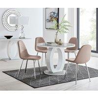 FurnitureboxUK Giovani Round 4 Seat 100cm White High Gloss Halo Base Grey Glass Top Dining Table 4 Soft Faux Leather Silver Leg Corona Chairs in Beige