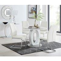 FurnitureboxUK Giovani Round 4 Seat 100cm White High Gloss Unique Halo Base Grey Glass Top Dining Table 4 Soft Faux Leather Lorenzo Chairs