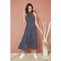 Yumi Women's Navy Spot Print Halter Midi Dress With Matching Belt | Size: 16