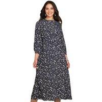 Amber Women's 3/4 Sleeve Front Gathered Print Viscose Crepe Dress in Navy | Size: 18