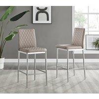 FurnitureboxUK Set of 2 Milan Hatched Faux Leather Padded Counter Stools With Silver Chrome Metal Legs in Beige