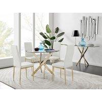 FurnitureboxUK Novara 100cm Round Tempered Glass Dining Table with Gold Legs & 4 Milan Faux Leather Chairs in White
