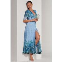 Jolie Moi Women's Peggy Ruched Sleeve Wrap Mesh Maxi Dress in Blue | Size: 10