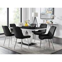 FurnitureboxUK Giovani Rectangular 6 Seat White High Gloss Unique Halo Base Dining Table Black Glass Top 6 Soft Velvet Silver Leg Pesaro Chairs