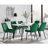 FurnitureboxUK Andria White Marble Effect & Black Leg 6 Seater Dining Table & 6 Pesaro Soft Velvet Chairs in Green