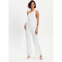 Liquorish Women's White Sequin Jersey One Shoulder Jumpsuit | Size: 16