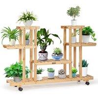 Costway 4-Tier Flower Plant Stand Wooden Flower Rack Display Shelf w/ Wheels & 8 Shelves in Natural