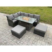 Fimous 8 Seater Rattan Garden Furniture High Back Corner Sofa Gas Fire Pit Dining Table Sets Gas Heater with 2 Big Footstool Dark Grey Mixed