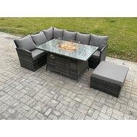 Fimous 7 Seater Rattan Garden Furniture Sets High Back Corner Sofa Fire Pit Dining Table Sets Gas Heater with Big Footstool Dark Grey Mixed