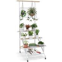 Costway 4-Tier Hanging Plant Stand Ladder Shelf W/Hanging Bar & Trellis Plant Holder in White
