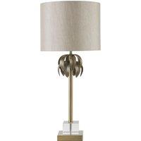 Orsina Antique Brass Leaf Table Lamp with Grey Shade, Textured Metal Leaves on Crystal Base, Luxe Accent Table Lamp in Gold