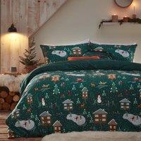 Furn Winter Pines Pyjama Fleece Festive Duvet Cover Set in Green | Size: Single