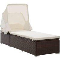 Sun Lounger with Canopy and Cushion Poly Rattan Brown