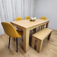 Wooden Dining Table Set for 6 Oak Effect Table With 4 Mustard Gem Patterned Chairs and 1 Bench