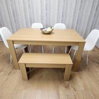 Wooden Dining Table Set for 6 Oak Effect Table With 4 White Gem Patterned Chairs and 1 Bench