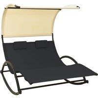 Double Sun Lounger with Canopy Textilene Black and Cream