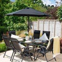 6 Seater Dining Set With Parasol Reclining Chairs Glass Table In Black