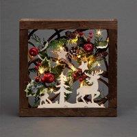 Shatchi Prelit Wooden Square Frame Tabletop Decorations Xmas with Leaves Pine Cones Berries 3D Nordic Scene, 30cm in Brown
