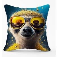 Warren Reed - Designer Meerkat With Golden Glasses Splashart Outdoor Cushion in Yellow | Size: 60 cm x 60 cm