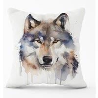 Warren Reed - Designer Wolf Watercolour Outdoor Cushion in Brown | Size: 60 cm x 60 cm