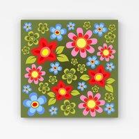 Warren Reed - Designer Red & Blue Flowers Canvas in Green | Size: W16 x H16