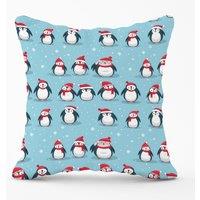 Warren Reed - Designer Adorable Santa Penguins Outdoor Cushion in Blue | Size: 45 cm x 45 cm