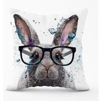 Warren Reed - Designer Rabbit With Glasses Splashart Outdoor Cushion in Grey | Size: 45 cm x 45 cm