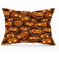 Warren Reed - Designer Grinning Lanterns Pumpkins With Glowing Eyes Cushions in Orange | Size: 60 cm x 60 cm