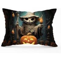 Warren Reed - Designer Creepy Ghost With Pumpkins Cushions in Orange | Size: 60 cm x 60 cm