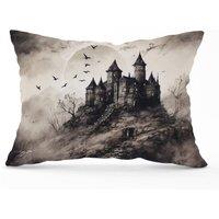 Warren Reed - Designer A Realistic Ink Drawing Of A Haunted Castle Cushions in Grey | Size: 45 cm x 45 cm