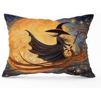 Warren Reed - Designer Whimsical Witch On A Broomstick Cushions in Orange | Size: 45 cm x 45 cm