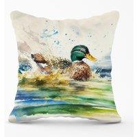 Warren Reed - Designer Splashing Mallard Watercolour Outdoor Cushion in Brown | Size: 60 cm x 60 cm