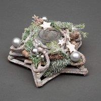 Shatchi Star Shape Wooden Candle Holder Tabletop Centrepiece Christmas Decorated with Frosty Red/Silver Baubles, Berries & Cones in Silver